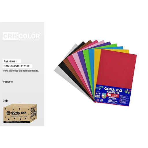 [41011] 30 GOMA EVA ADHESIVA 20X30CM PAQUETE SURTIDO 10 COLORES