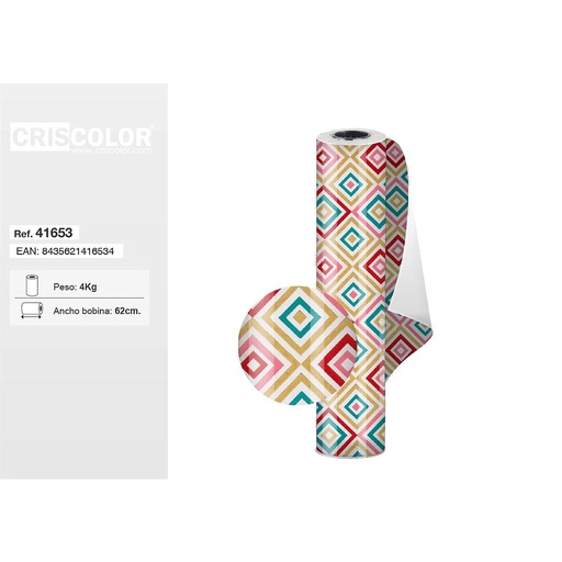 [41653] BOBINA PAPEL REGALO DECORADO 62CM ROMBOS COLORES
