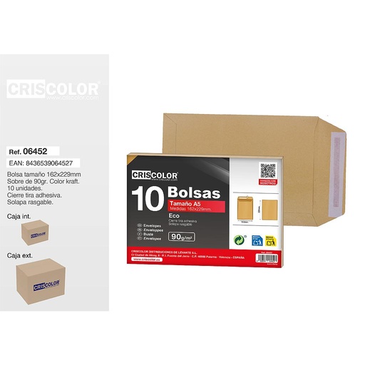 [06452] BOLSA SOBRE A5 162X229MM KRAFT PACK 10UDS (Caja 36 Packs).