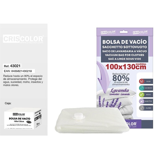 [43021] BOLSA DE VACIO PARA ROPA 100X130CM FRAGANCIA LAVANDA (Pack 12Und).