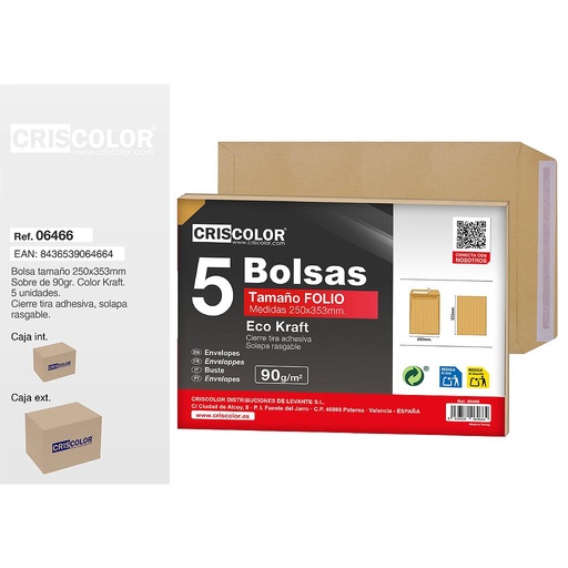 [06466] BOLSA SOBRE FOLIO 250X353MM KRAFT PACK 5UDS