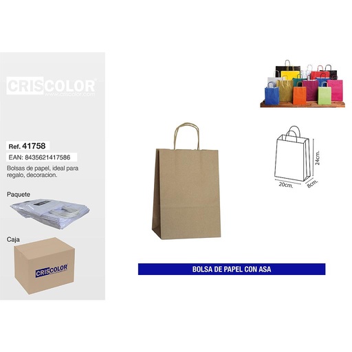 [41758] BOLSA PAPEL CON ASA 20+8X24 KRAFT (PACK 25 UDS)