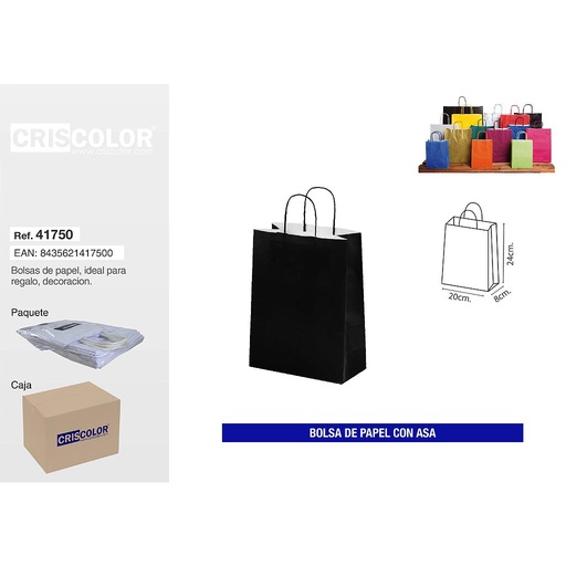 [41750] BOLSA PAPEL CON ASA 20+8X24 NEGRA (PACK 25 UDS)