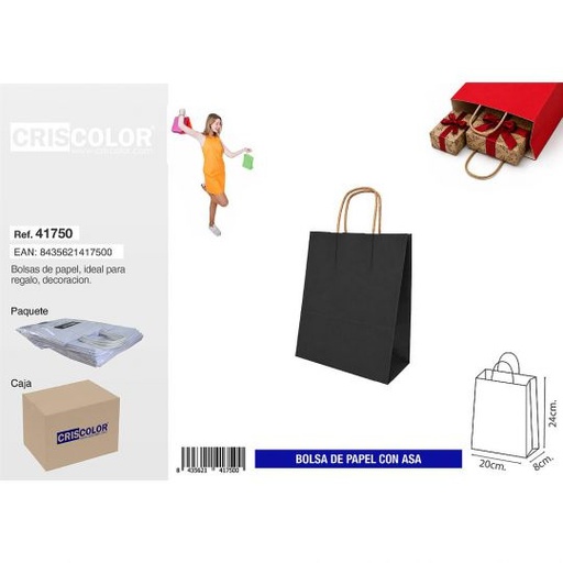[41750] BOLSA PAPEL CON ASA 20+8X24 NEGRA (PACK 25 UDS)