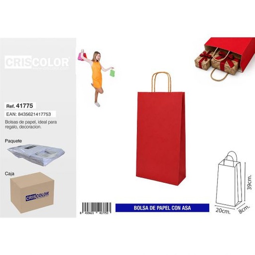 [41775] BOLSA PAPEL CON ASA 20+8x39 ROJO (PACK 25 UDS)
