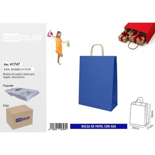 [41747] BOLSA PAPEL CON ASA 24+11X34 AZUL (PACK 25 UDS)