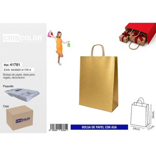 [41781] BOLSA PAPEL CON ASA 24+11X34 ORO (PACK 25 UDS)