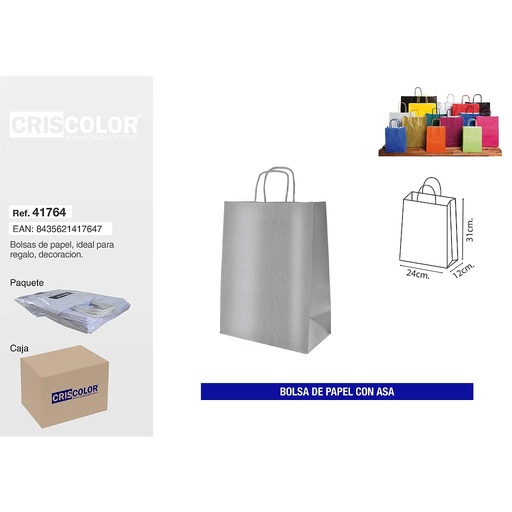 [41764] BOLSA PAPEL CON ASA 24+11X34 PLATA (PACK 25 UDS)