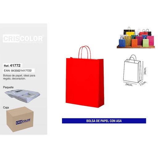 [41772] BOLSA PAPEL CON ASA 24+11X34 ROJO (PACK 25 UDS)
