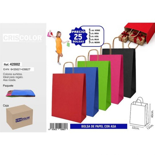 [42882] BOLSA PAPEL CON ASA 32+12X40 COLORES SURTIDOS (PACK 25 UDS)