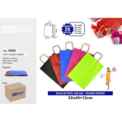 [42882] BOLSA PAPEL CON ASA 32+12X40 COLORES SURTIDOS (PACK 25 UDS)