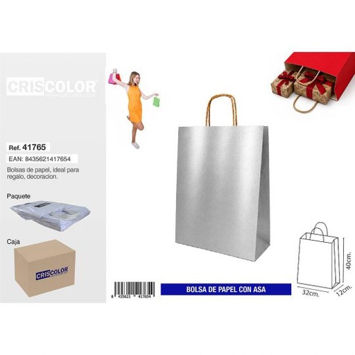 [41765] BOLSA PAPEL CON ASA 32+12X40 PLATA (PACK 25 UDS)