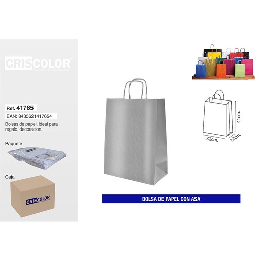 [41765] BOLSA PAPEL CON ASA 32+12X40 PLATA (PACK 25 UDS)