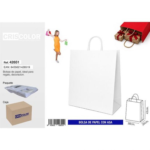 [42651] BOLSA PAPEL CON ASA 38+20X43 BLANCA (PACK 25 UDS)