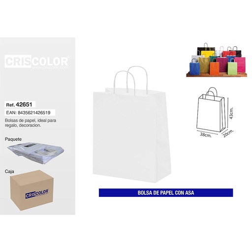 [42651] BOLSA PAPEL CON ASA 38+20X43 BLANCA (PACK 25 UDS)
