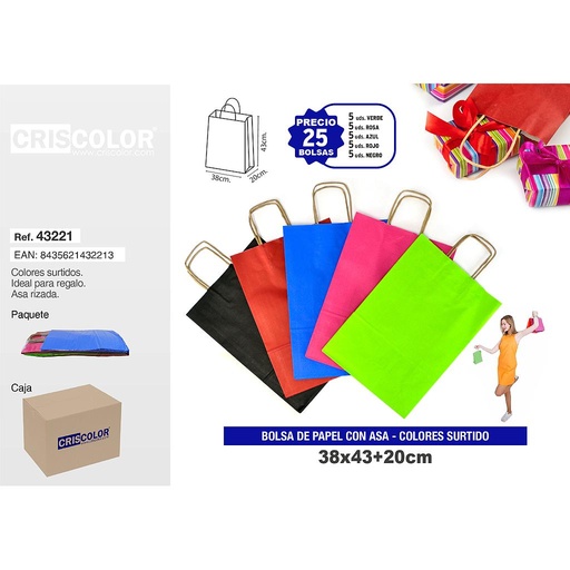[43221] BOLSA PAPEL CON ASA 38+20X43 COLORES SURTIDOS (PACK 25 UDS)