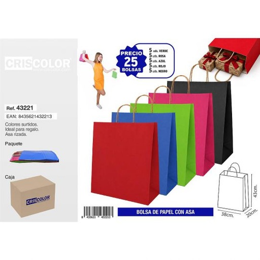 [43221] BOLSA PAPEL CON ASA 38+20X43 COLORES SURTIDOS (PACK 25 UDS)