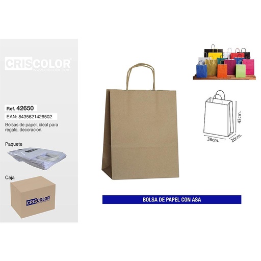 [42650] BOLSA PAPEL CON ASA 38+20X43 KRAFT (PACK 25 UDS)