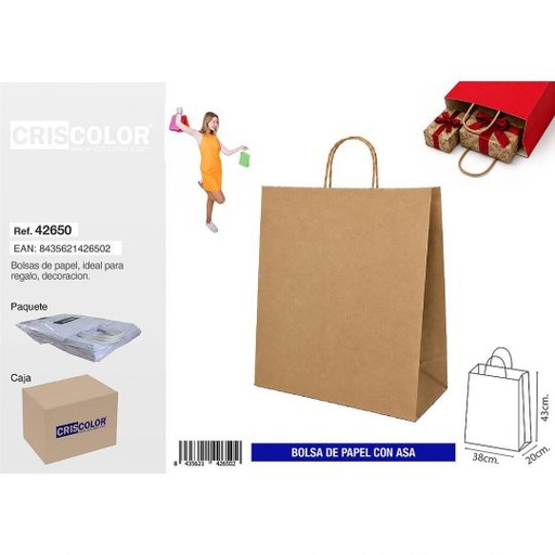[42650] BOLSA PAPEL CON ASA 38+20X43 KRAFT (PACK 25 UDS)