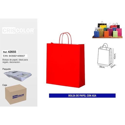 [42655] BOLSA PAPEL CON ASA 38+20X43 ROJO (PACK 25 UDS)