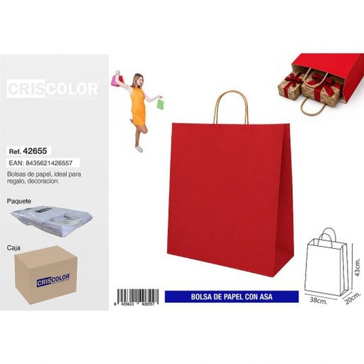 [42655] BOLSA PAPEL CON ASA 38+20X43 ROJO (PACK 25 UDS)