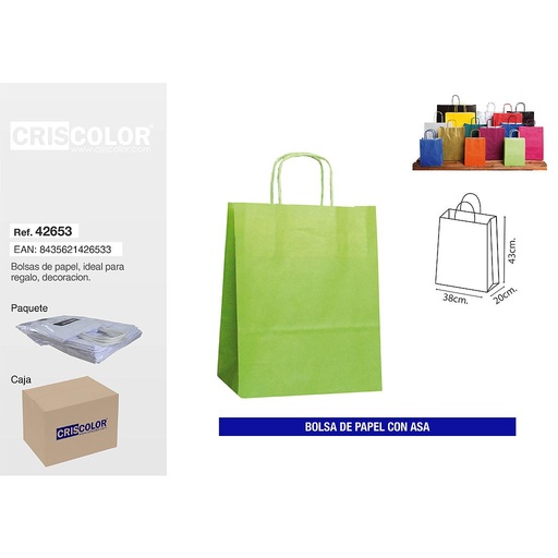 [42653] BOLSA PAPEL CON ASA 38+20X43 VERDE (PACK 25 UDS)