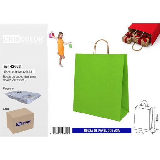 [42653] BOLSA PAPEL CON ASA 38+20X43 VERDE (PACK 25 UDS)