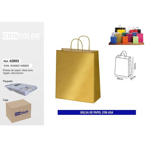 [42893] BOLSA PAPEL CON ASA 38+20x43 ORO (PACK 25 UDS)