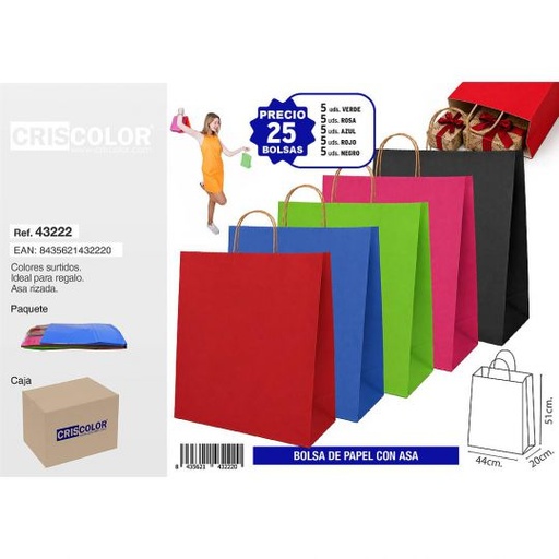 [43222] BOLSA PAPEL CON ASA 44+20X51 COLORES SURTIDOS (PACK 25 UDS)