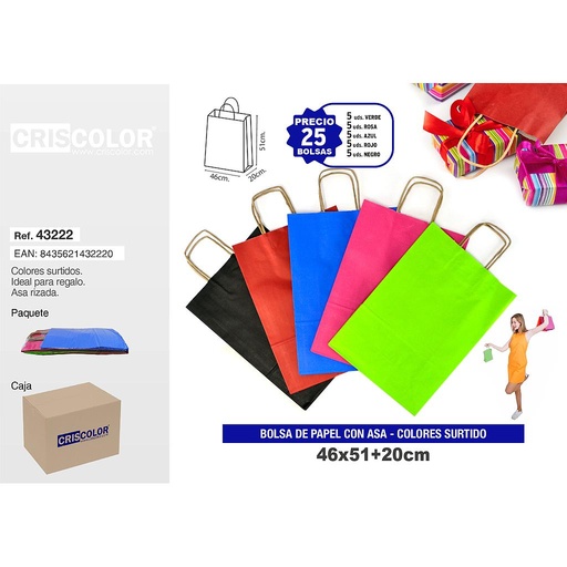[43222] BOLSA PAPEL CON ASA 44+20X51 COLORES SURTIDOS (PACK 25 UDS)
