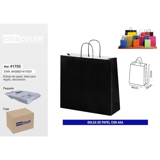 [41753] BOLSA PAPEL CON ASA 44+20X51 NEGRA (PACK 25 UDS)