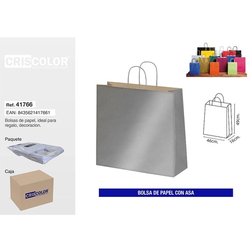 [41766] BOLSA PAPEL CON ASA 44+20x51 PLATA (PACK 25 UDS)