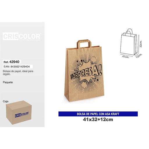 [42940] BOLSA PAPEL CON ASA KRAFT 41+12x32 SORPRESA