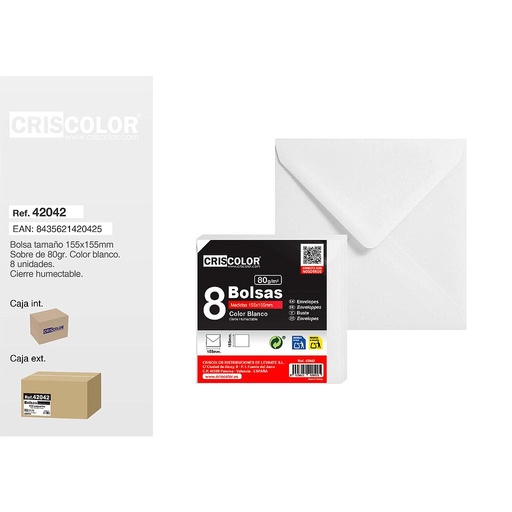 [42042] BOLSA SOBRE 155X155MM BLANCO 80G PACK 8UDS (Caja 36 Packs).