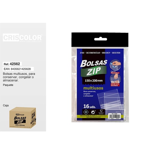 [42562] BOLSA ZIP 16UDS 150X200MM (Pack 12 Und).