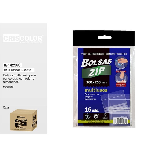 [42563] BOLSA ZIP 16UDS 180X250MM (Pack 12 Und).