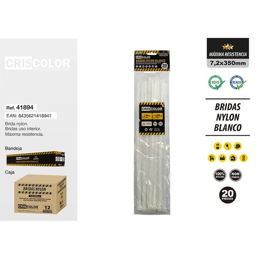 [41894] BRIDAS NYLON BLANCO 7.2X350MM 20PCS