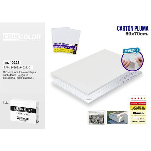 [40223] CARTON PLUMA 50X70CM BLANCO ADHESIVO (CAJA DE 25 UND.)