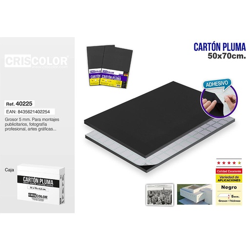 [40225] CARTON PLUMA 50X70CM NEGRO ADHESIVO (CAJA DE 25 UND.)