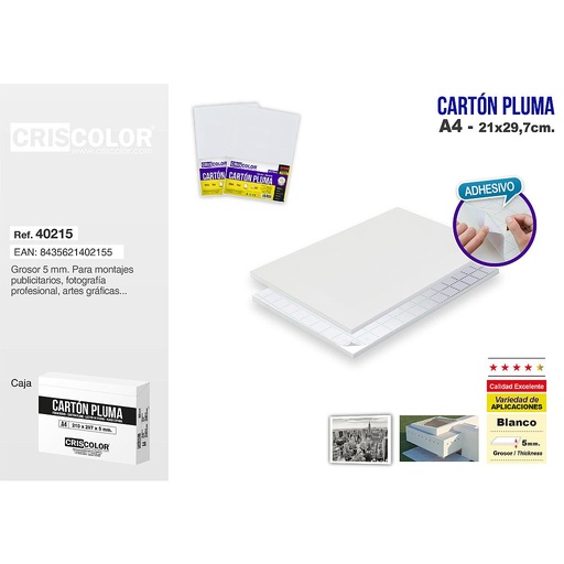 [40215] CARTON PLUMA A4 BLANCO ADHESIVO (CAJA DE 20 UND.)