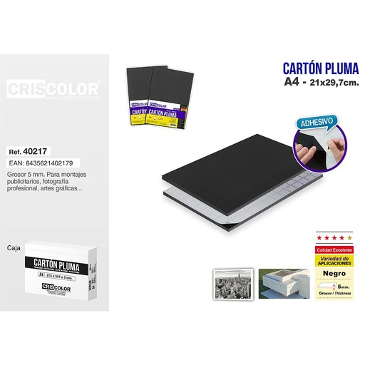 [40217] CARTON PLUMA A4 NEGRO ADHESIVO (CAJA DE 20 UND.)