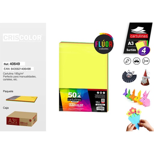 [40649] CARTULINA A3 SURTIDO FLUOR (Paquete de 50 Und. en 4 Colores)