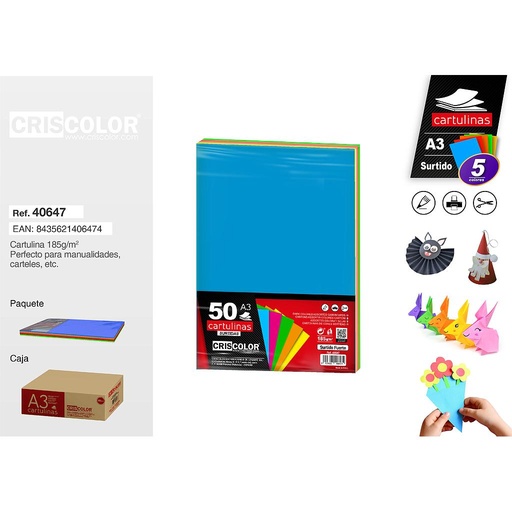 [40647] CARTULINA A3 SURTIDO FUERTE (Paquete de 50 Und. en 5 Colores)