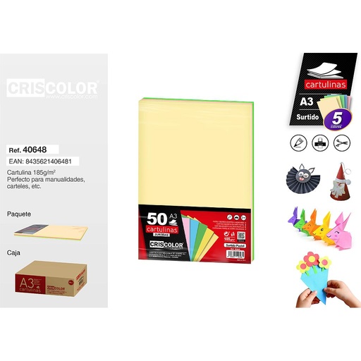 [40648] CARTULINA A3 SURTIDO PASTEL (Paquete de 50 Und. en 5 Colores)