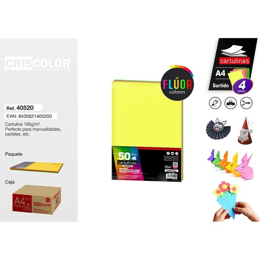 [40520] CARTULINA A4 SURTIDO FLUOR (Paquete de 50 Und. en 4 Colores)