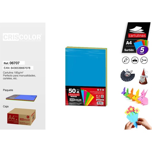 [06707] CARTULINA A4 SURTIDO FUERTE (Paquete de 50 Und. en 5 Colores)
