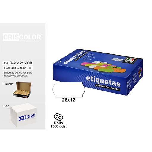 [R-26121500B] ETIQUETAS 26X12MM BLANCAS ROLLO 1500UDS (Pack 8 rollos).