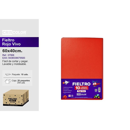 [40957] FIELTRO 40X60CM  ROJO VIVO PAQ.10UDS (Precio unitario).