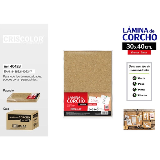 [40428] LAMINA DE CORCHO 30X40CM 3MM (Paquete de 12Und.)