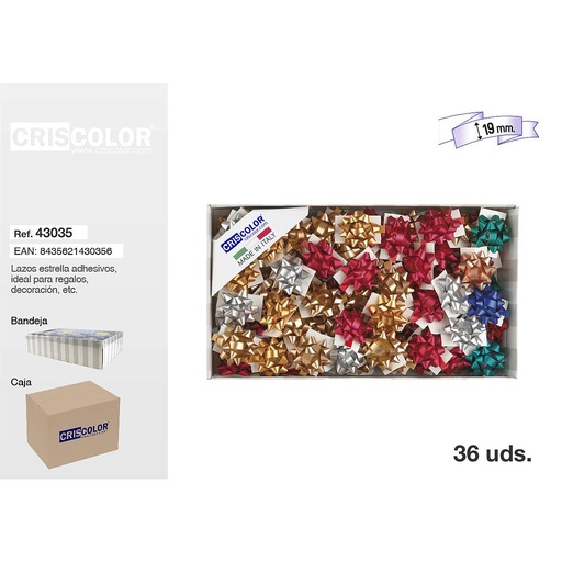 [43035] LAZO ESTRELLA METALIZADO  ADHESIVO 19MM LISO MATE (Precio Unitario)